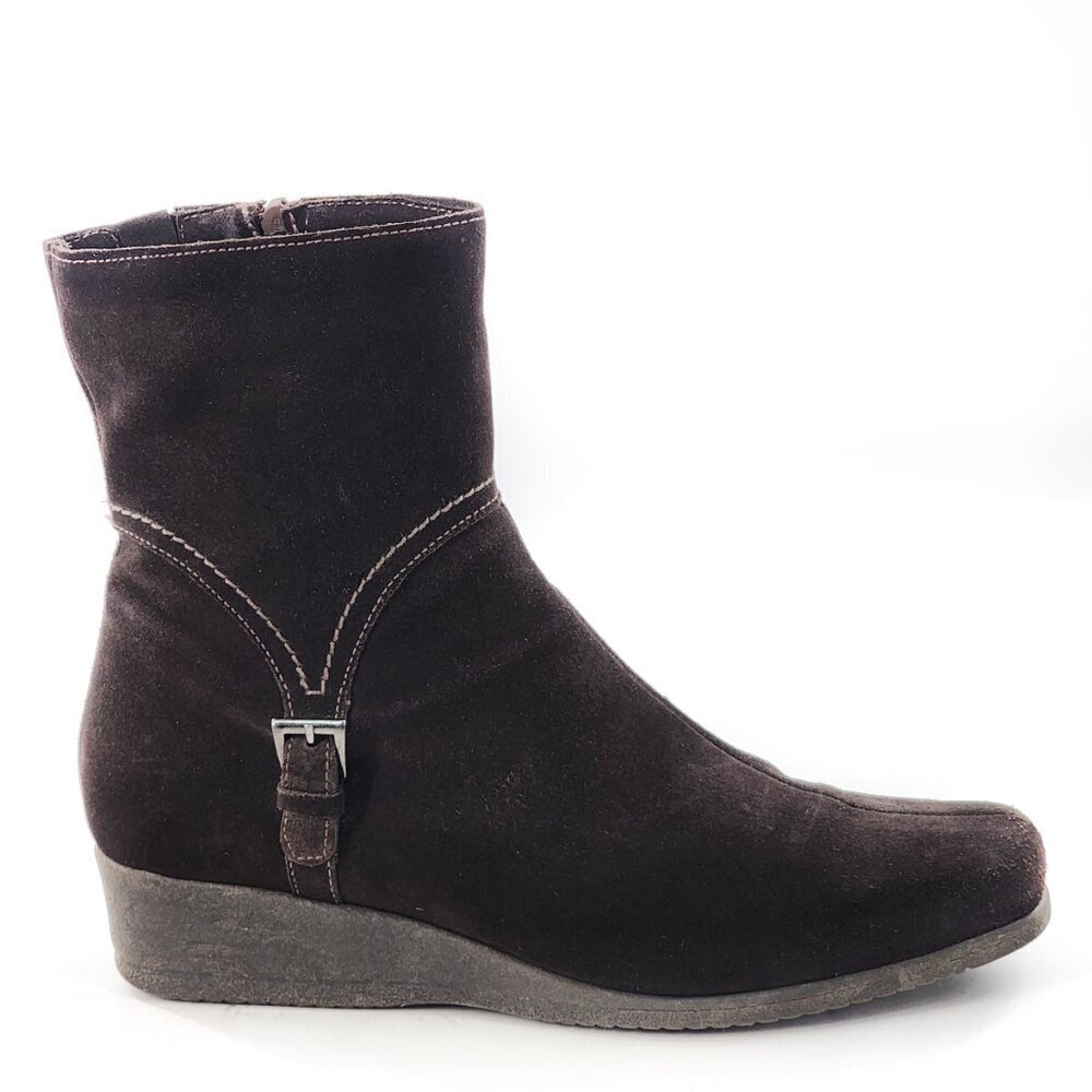 LA CANADIENNE Waterproof Suede Ankle Bootie Square Toe Low Wedge Brown